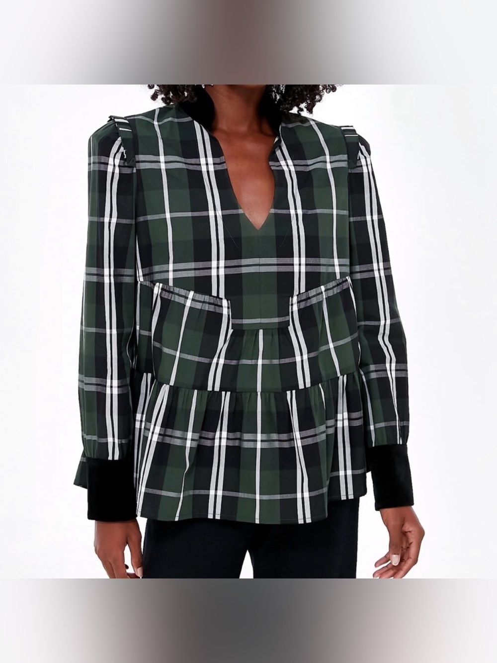 Tuckernuck Green Tartan Plaid Velvet Trim Bristol Blouse, Size Medium